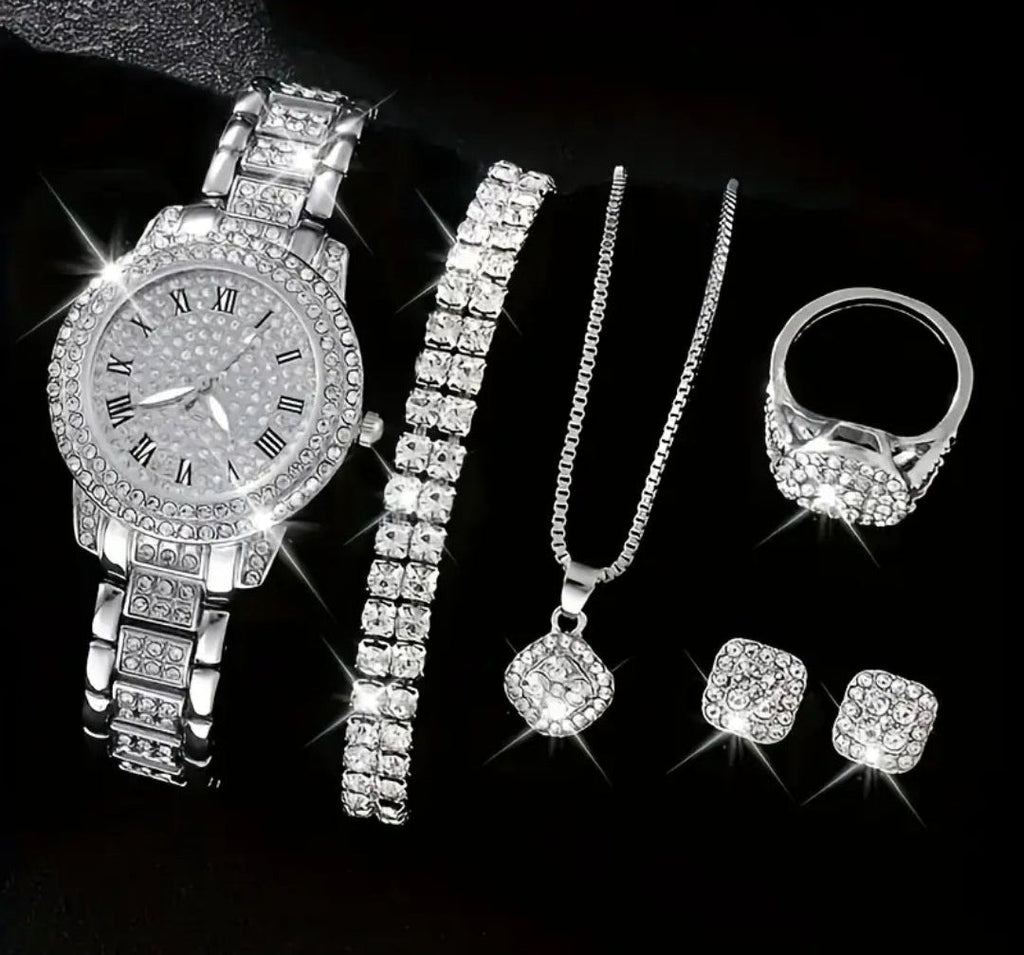 Women Gifting set Wrist Watch with Jewellery Earing Necklace Ring Bracelet