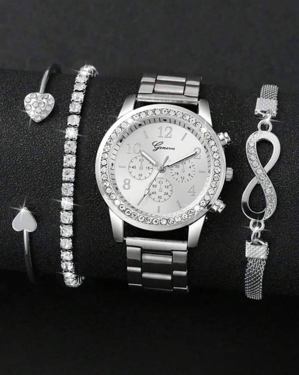 4 Pieces Lady's Silver Stainless Steel Strap Classic Quartz Watch Jewelry Set